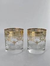 Set Of 2 Vintage Barware 6 oz Whiskey Glasses with Gold Design