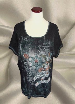 Blue Canyon Womens Vintage 2X Black Graphic Tattoo Tee Roses Wings Heart Y2K