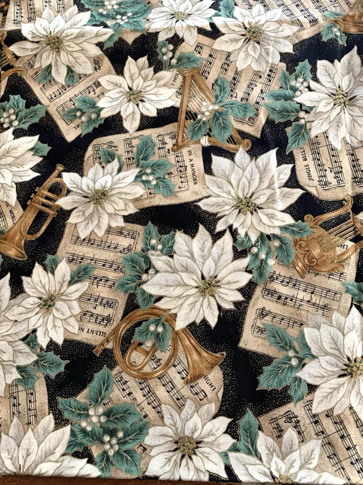 VIP Cranston Christmas White Poinsettia Gold Music Fabric 2.75 Yds X 44” W - Image 2 of 3