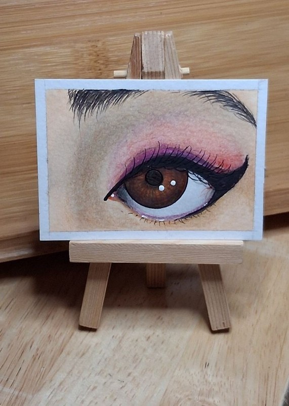 ACEO Original Miniature Art Watercolor Painting Pink Brown Big Eye Makeup Lashes