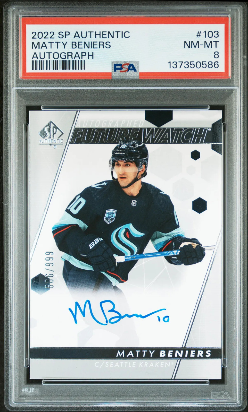 Matty Beniers 2022 Upper Deck SP Authentic #103 Future Watch Auto RC /999 PSA 8