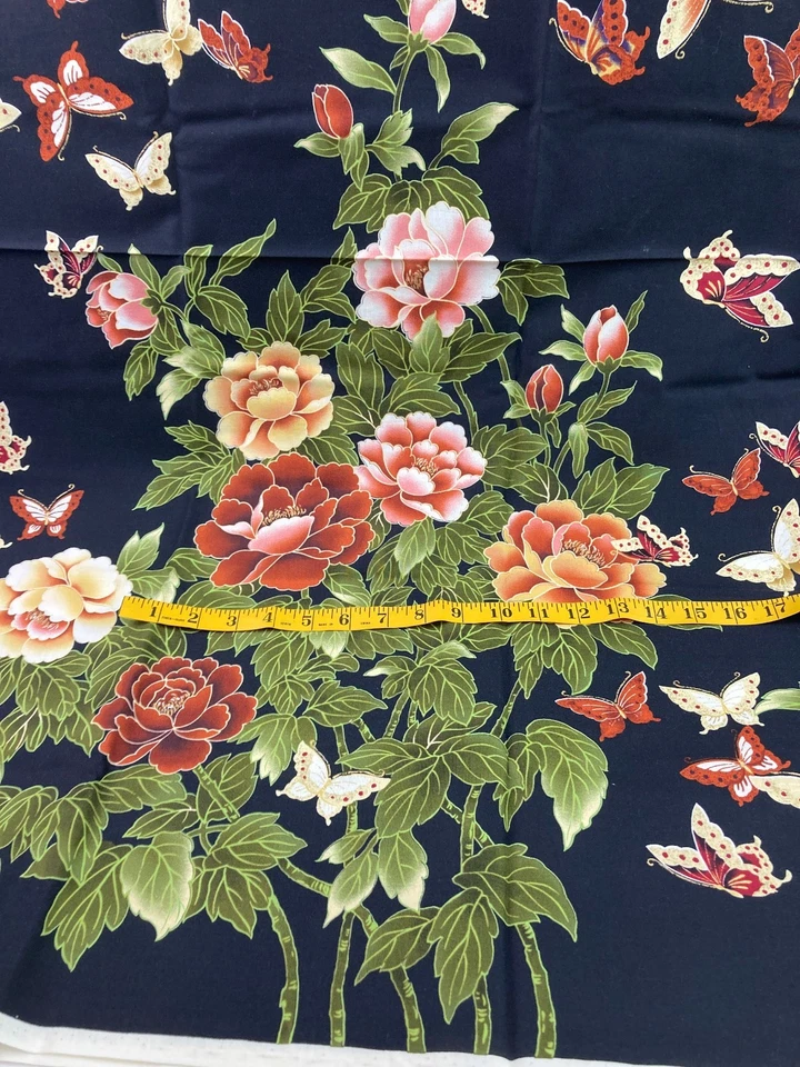 2 yds Asian Garden Butterflies Large Floral Flowers Gold Metallic Border Type - Image 4 of 4