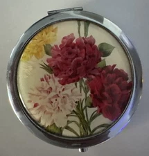 Floral Compact With Mirrors Silver Tone And Push Button Open - Beautiful