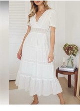 Lulus Women Dress Maxi Size M White Eyelet Short Sleeves V Neck Cotton New