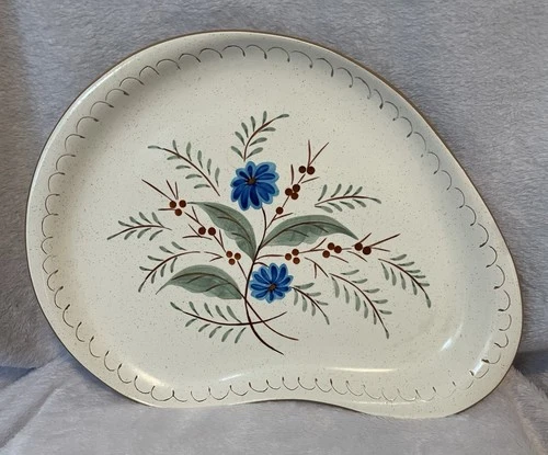 Rare Vintage Stangl Pottery Kidney Shaped Platter Blue Daisy Hand Painted Design