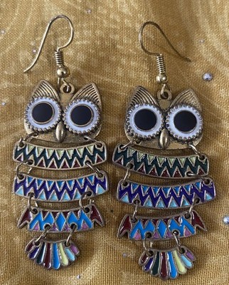 Enamel Owl Dangle Drop Moving EARRINGS For Pierced Ears