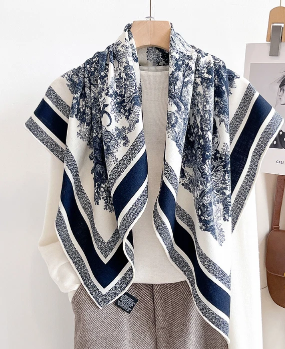 70% Cashmere 30% Silk Shawl Neckerchief Blue grass Print Bandana 35'' Scarf Wrap