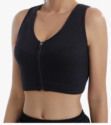 Front close padded crop top sports bra Black Size Large Zipper Closure New 