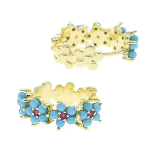 2Ct Round Cut Lab Created Turquoise Women's Hoop Earrings 14K Yellow Gold Plated - Image 3 of 4
