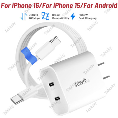 For iPhone 15 16 Plus Pro Max 40W Fast Charging USB-C PD Plug Charger USB-C Cord