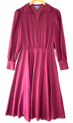 ModCloth Fit and Flare Midi Dress Womens 2 Maroon Stripe Long Sleeve Collar  Work | eBay