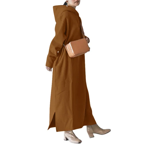 Womens Long Sleeve Fleece Hooded Sweatshirt Maxi Dress Loose Solid Hoodie Dress - Picture 8 of 21