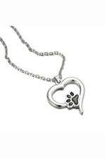 Silver Pet Lover Puppy Dog Cat Kitten Paw Pendant Heart Necklace