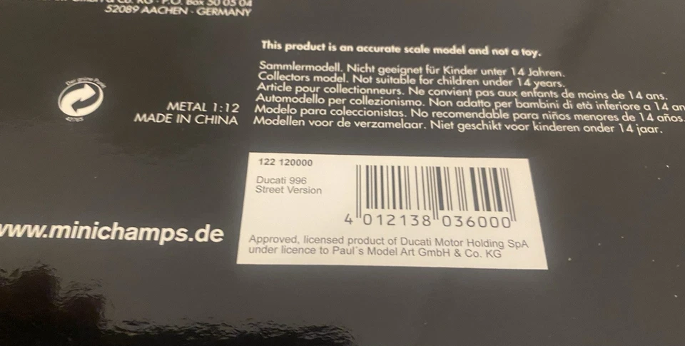 1:12 Minichamps Ducati 996 Street Version 4012138036000 - Immagine 2 di 2
