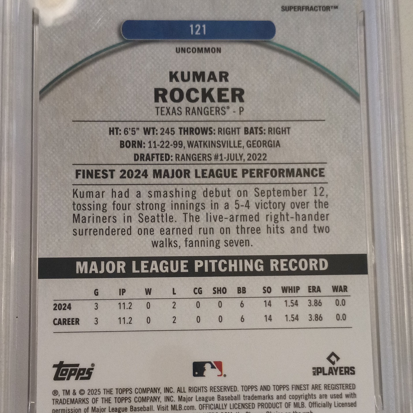 Topps 2025 Finest Kumar Rocker Rookie Rangers #121 Superfractor 1/1 PSA 10 view 5