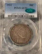 1913 Barber Half Dollar 50c PCGS & CAC CHOICE AU53 🔥