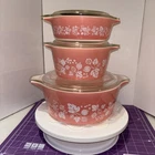 Vintage Pyrex PINK GOOSEBERRY Round Casserole Dish Set w/ Lids 475, 473,471