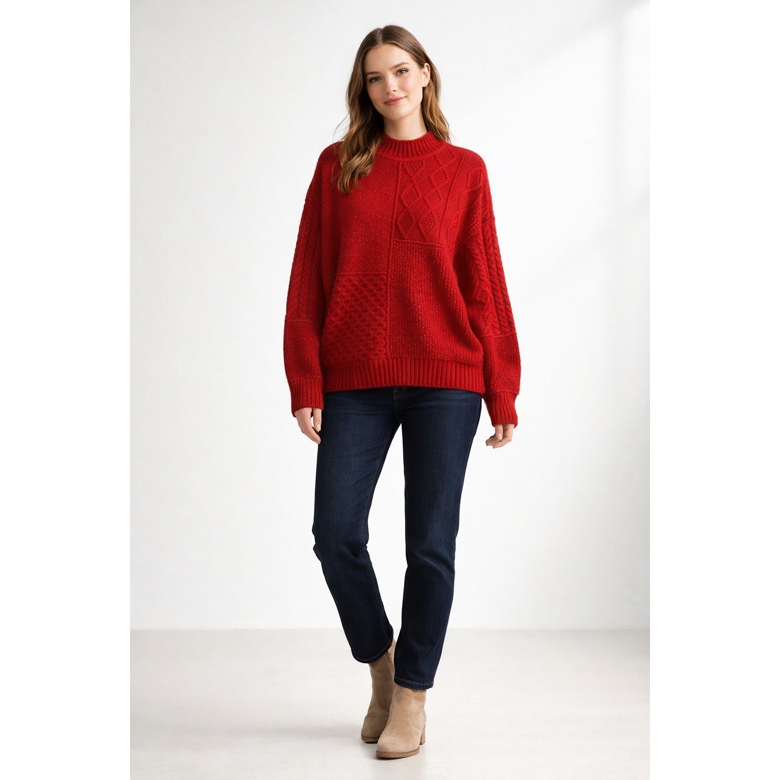 American Eagle Red Cable Knit Patchwork Sweater W… - image 1