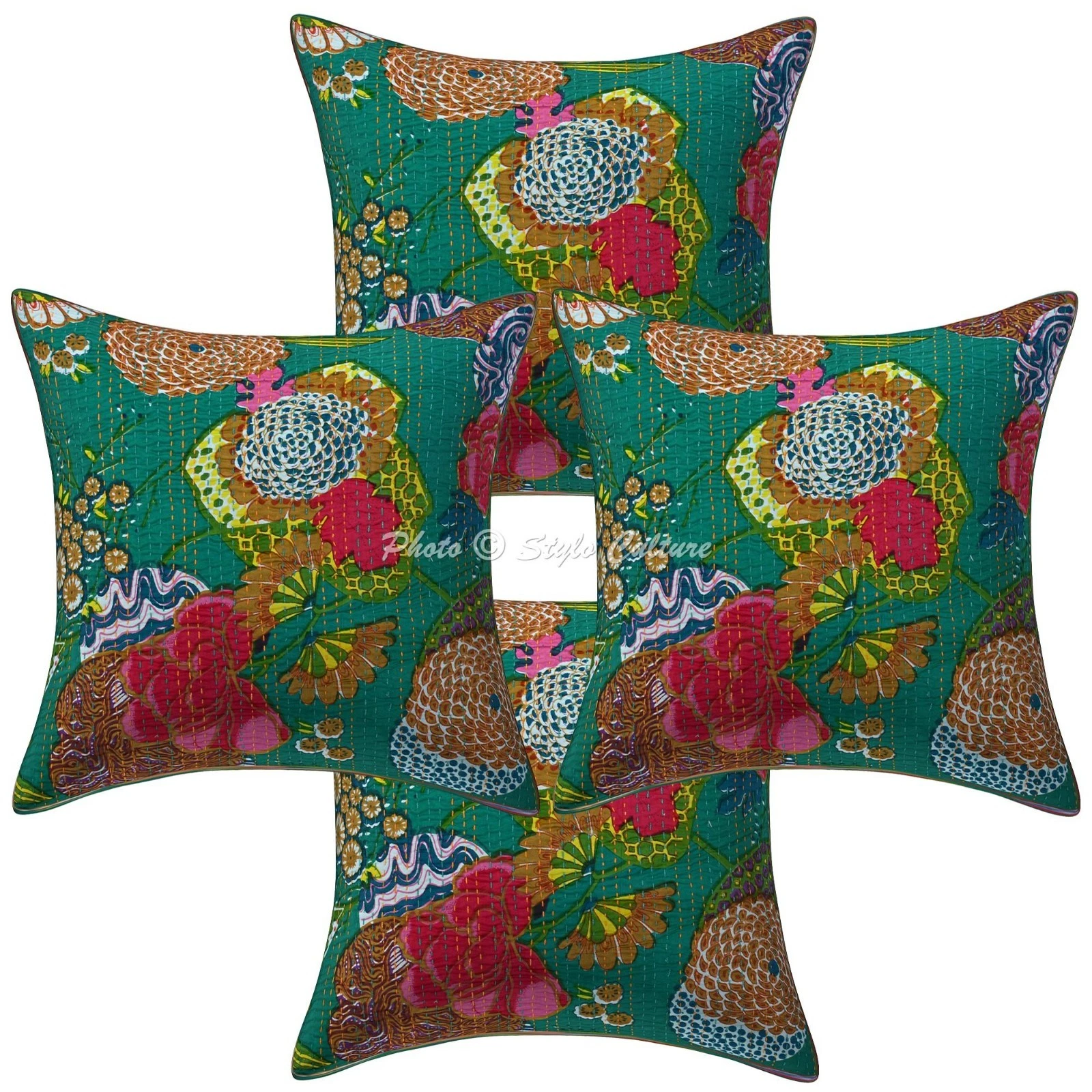 Ethnic Cotton Throw Pillow Covers Kantha Green Tropicana 40x40 cm Cushion Cover