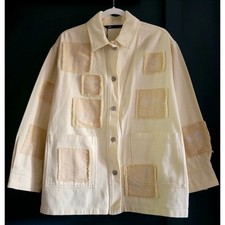 NWT ZARA Light Yellow 100 Cotton Embroidered Patches Oversized Jacket Medium