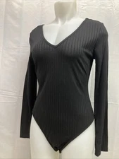 Black XL Bodysuit Deep V Neck Long Sleeve Bodysuit Ribbed Knit Larne