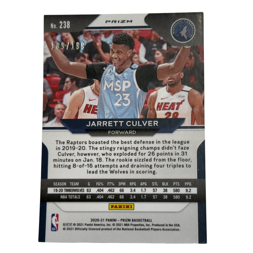 2020-21 Panini Prizm JARRETT CULVER #238 True Blue Prizm #109/199 - Image 2 of 2