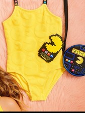 Justice Girls Pacman Black One-Piece Swimsuit NWT, Size S 7/8 NEW UPF50