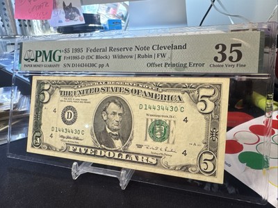 😎 Rare 1995 $5 FRN Bill Reverse Offset Misprint Front Side Error