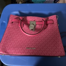 Michael Kors Medium Sized Hot Pink Logo Bag Burkin Style With Lock, Key Sh Strap