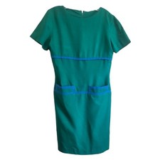 SILK STUDIO Vintage Green With Blue Trim Detail  100% Silk Dress Sz 6
