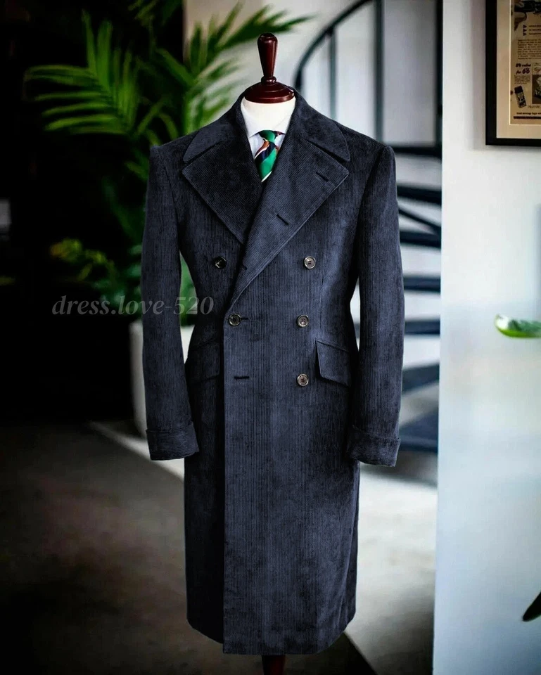 Corduroy Men Long Overcoat Double Breasted Wide Lapel Formal Business Long Coat - Image 3 of 4