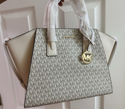 Michael Kors Brand New Avril Large Light Cream Multi Logo Satchel Bag