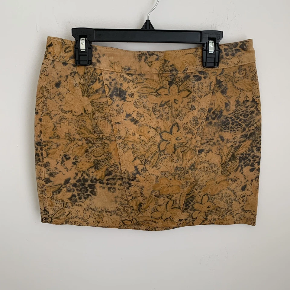 Minifalda EXPRESS Cuero Beige Terracota Floral Estampado Animal Caderas Talla 0 Y2K Foto 2 de 4