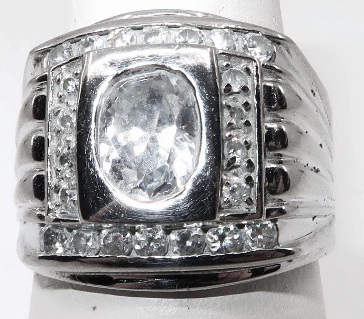 JG Signed Silver Tone & Rhinestone Men's Ring, 10 1/2