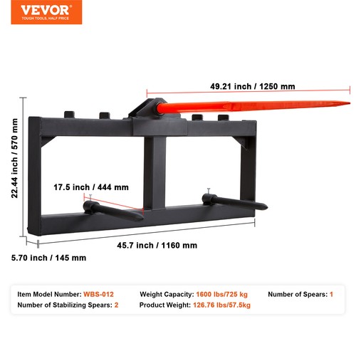 VEVOR 49" Hay Spear Bale Spears Skid Steer Loader Tractor Attachment 1600lbs - Picture 7 of 12