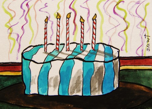 ORIGINAL ACEO Birthday Cake painting JMW art John Williams ATC Ink Watercolor