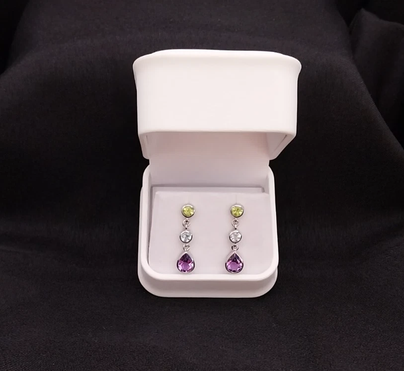 3.38 ct Natural Amethyst, Peridot, Topaz Solid 925 Sterling Silver Earrings - image 2 of 4