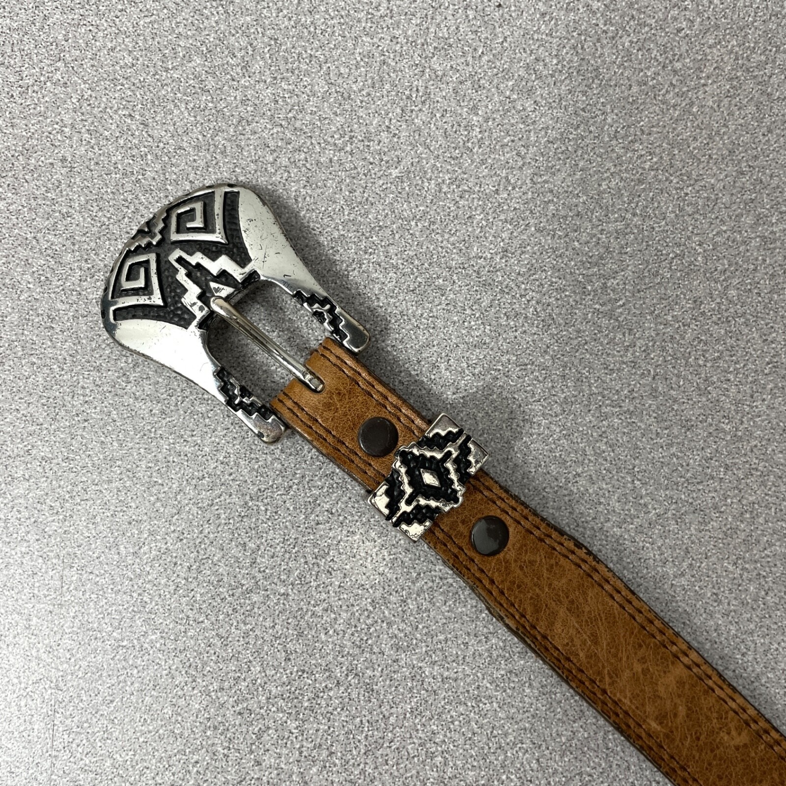 Nocona Belt Co Tan Leather Belt 30 Silver Aztec Buckle Western Cowgirl Cowboy