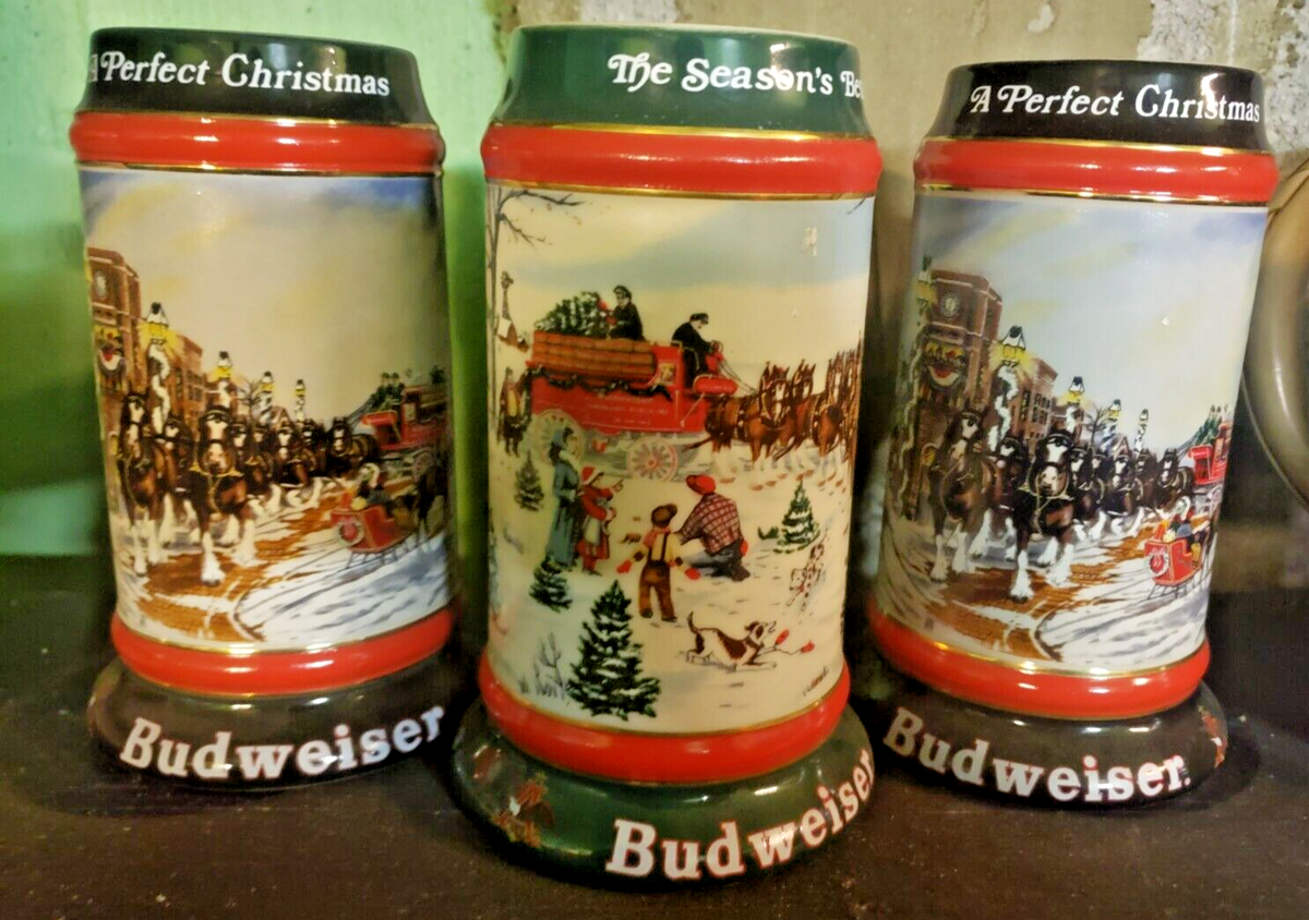 2- 1992 & 1- 91 Budweiser “A Perfect Christmas” Holiday Beer Stein