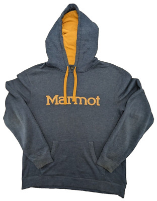Marmot Hoodie Hoodie Mens XL Blue Spellout Logo LS Drawstring Hood