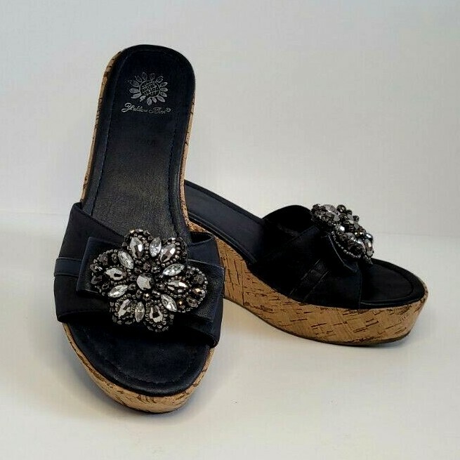 Yellow Box Black Sandals CARISSA Cork Wedge Heel Wome… Gem