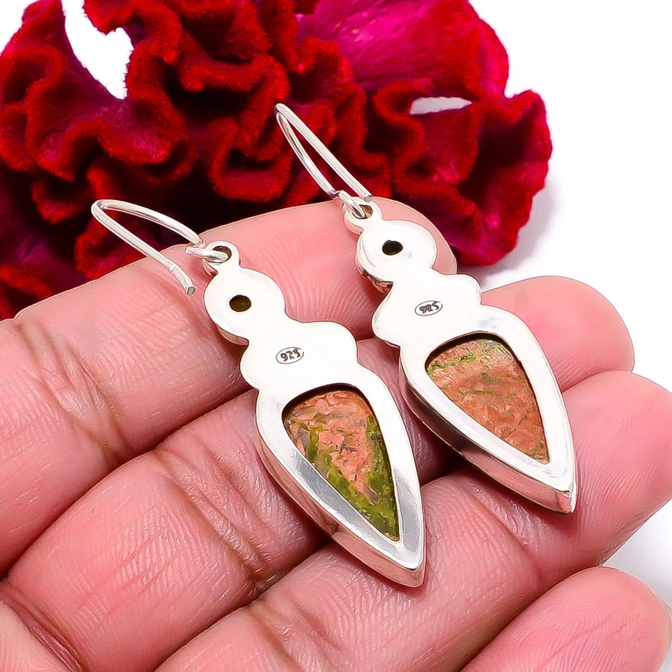 Natural Unakite & Peridot Designer Handmade 925 Sterling Silver Earring 2.11" E2 - Image 4 of 4