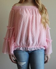 Pink Swiss Dot Large Off Shoulder Top Dramatic Bell Sleeves Romantic Girly Sz L