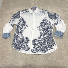 Robert Graham Flip Cuff Linen Paisley Embroidered Button Up Shirt Mens L White