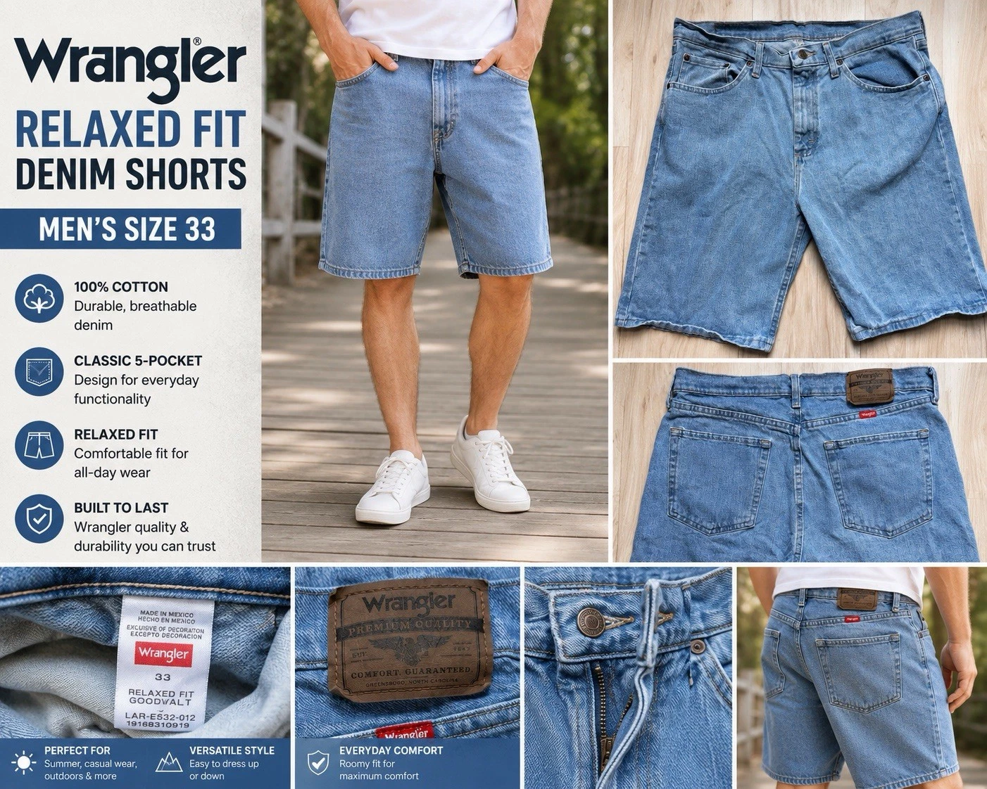 Wrangler Relaxed Fit Denim Shorts Men’s Size 33 Light Wash Jean Shorts Casual