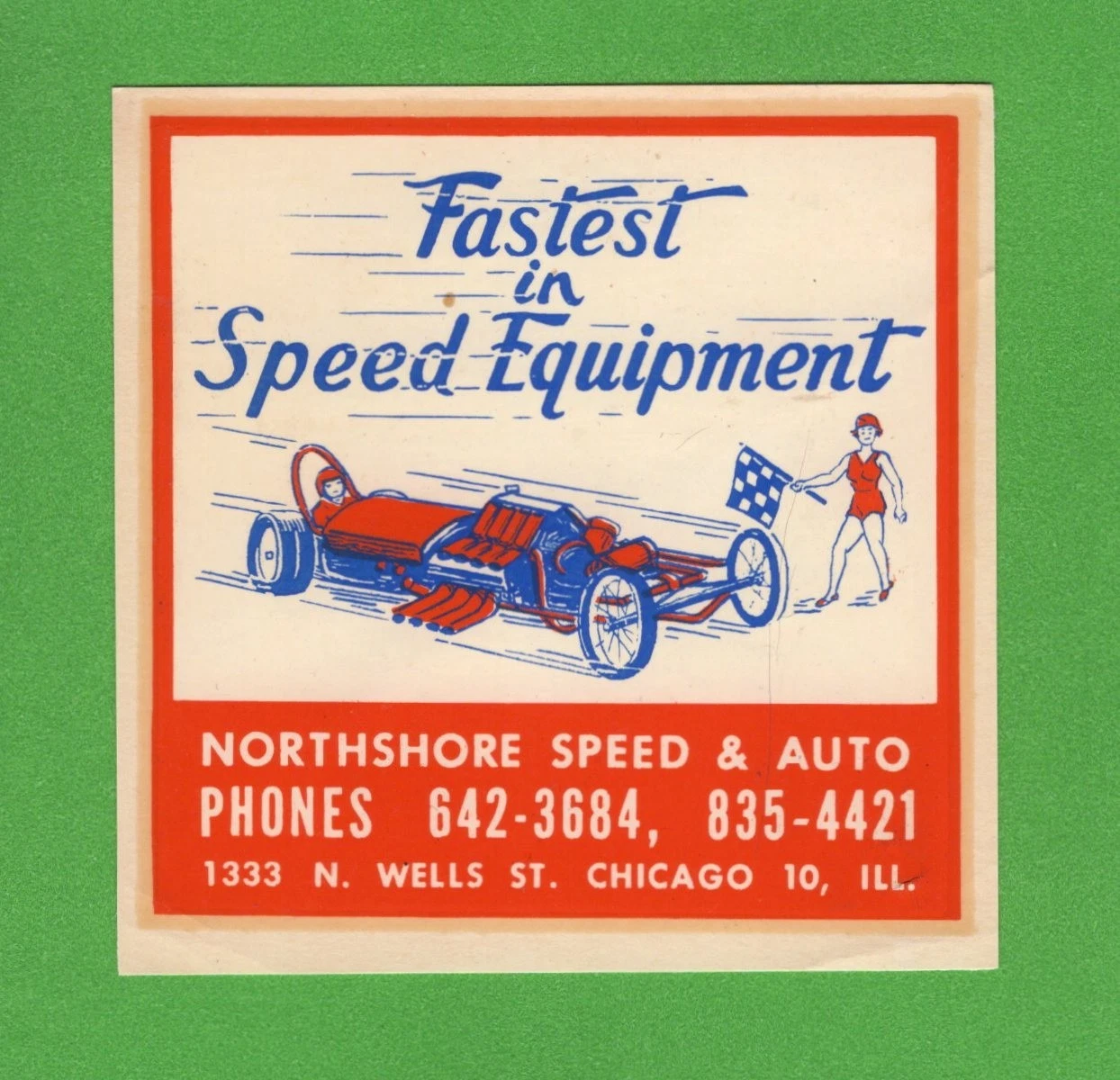 VINTAGE ORIGINAL 1960 "NORTHSHORE SPEED & AUTO" CHICAGO ILLINOIS WATER DECAL ART - Picture 1 of 2