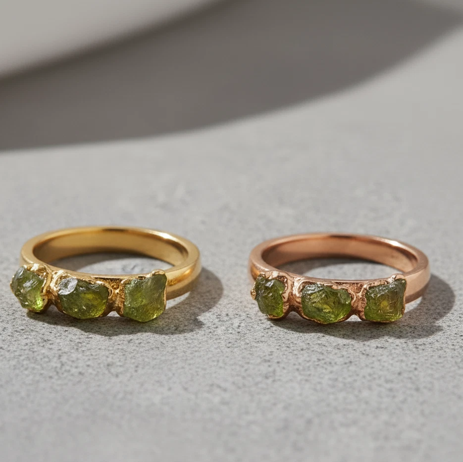 Yellow Gold Raw Peridot Rings Three Stone Rough Ring Natural Raw Crystal Jewelry - Image 4 of 4