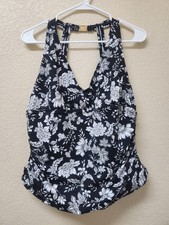 Lauren Ralph Lauren Halter Tankini Top Size 6 Black White Floral Tummy Control