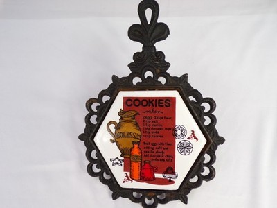 Vintage Ceramic Cookie Tile Black Cast Iron Trivet Hand Painted Japan 9''x6'' K25