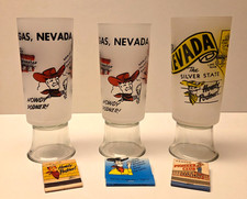 (3) Vintage Frosted Las Vegas Drinking Glasses + Unused Matchbooks / Vegas Vic